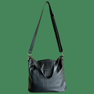 leather tote bag - double strap - black/green