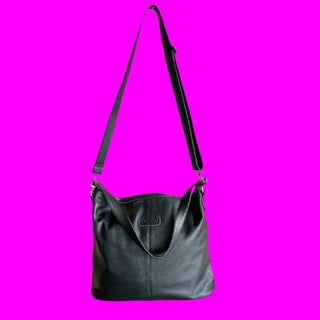 leather tote bag - double strap - black/cerise