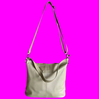 leather tote bag - double strap - cream/cerise