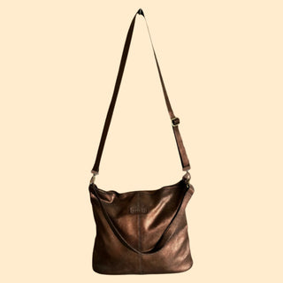 leather tote bag - double strap - metallic chocolate biege