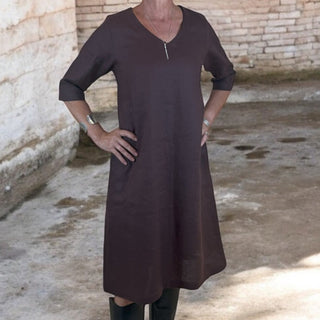 linen chocolate Vneck dress - juliette